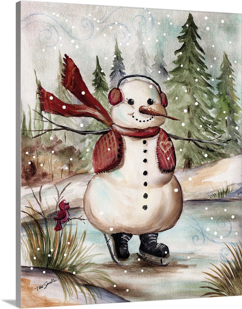 Decorative holiday image of a snowman ice skating in the country during a snow fall.