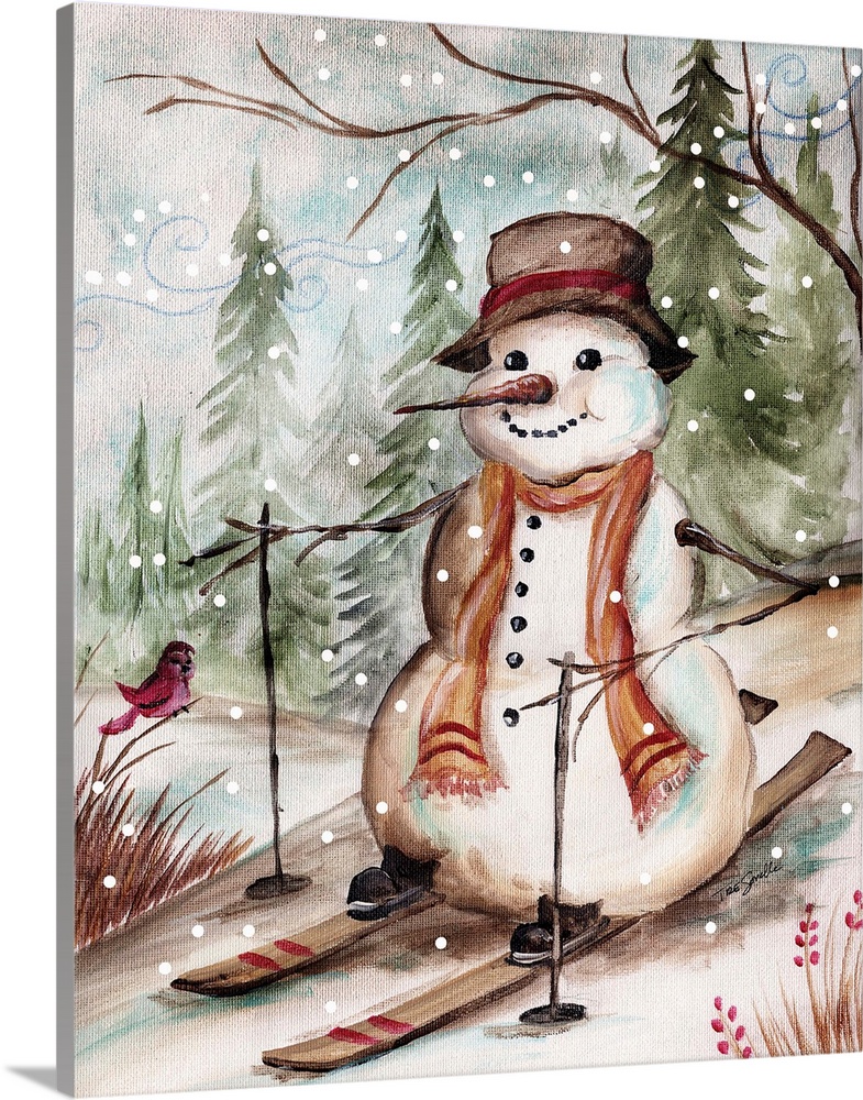 Decorative holiday image of a snowman skiing in the country during a snow fall.