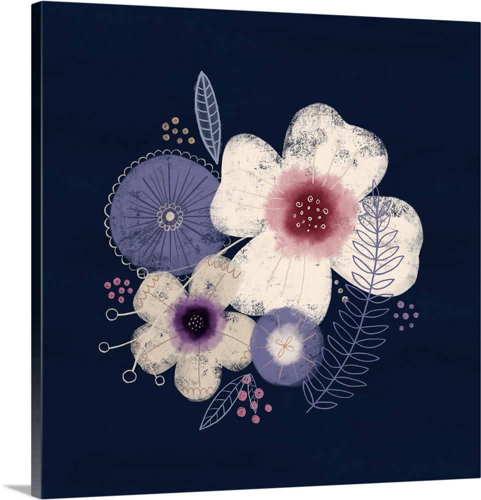 Modern artwork of purple and white flowers on a navy backdrop.
