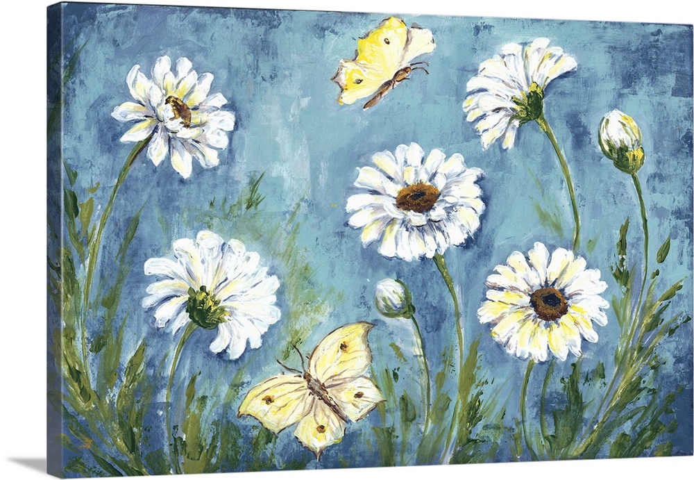 A contemporary painting of a meadow of white daisies and yellow butterflies.