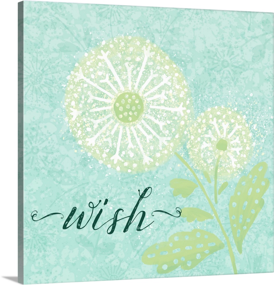 "Wish" with a white dandelion on a teal background with a floral design.