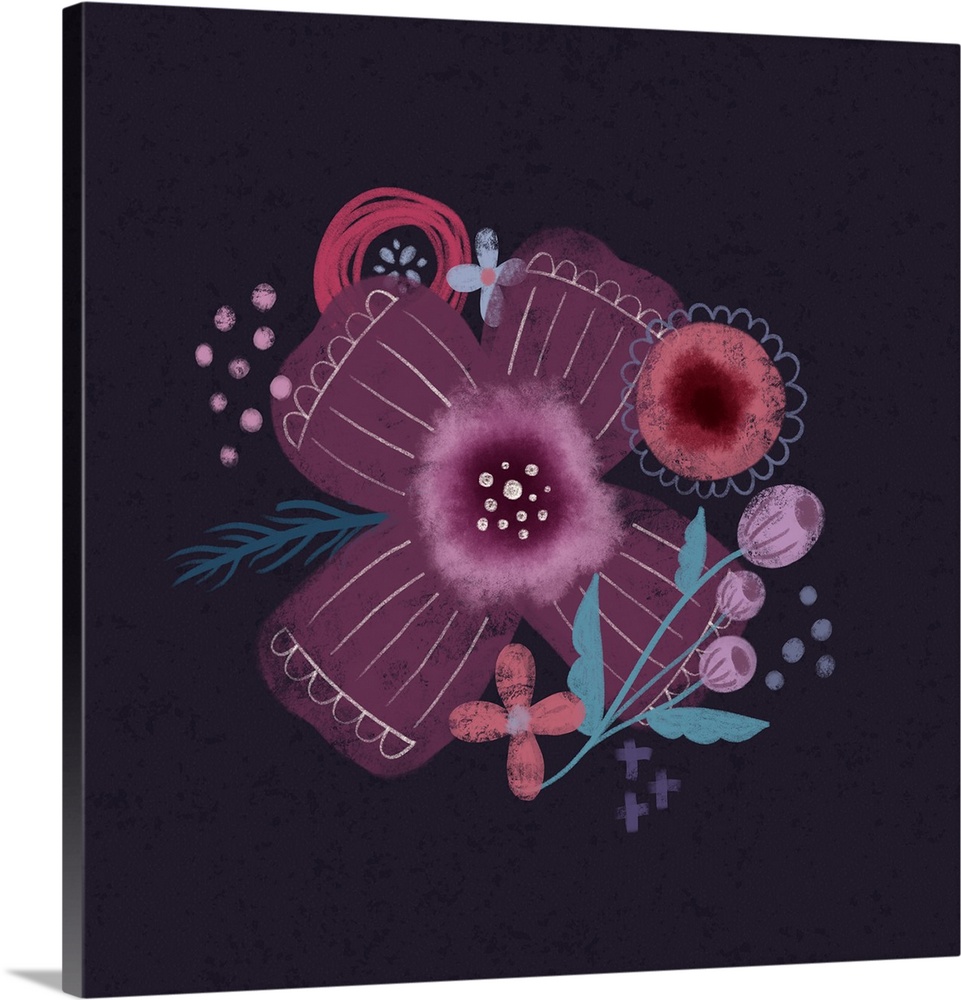 Modern artwork of purple and pink flowers on a navy backdrop.
