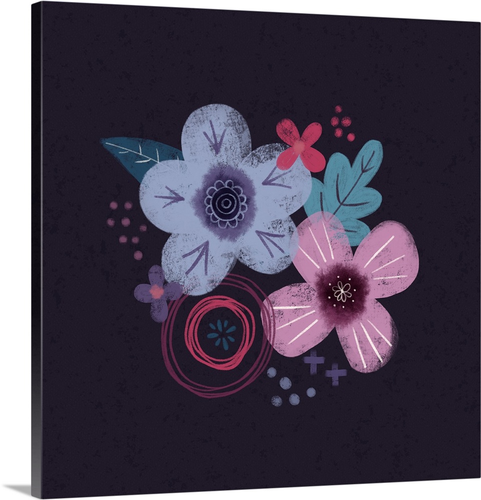 Modern artwork of purple, pink and teal flowers on a navy backdrop.