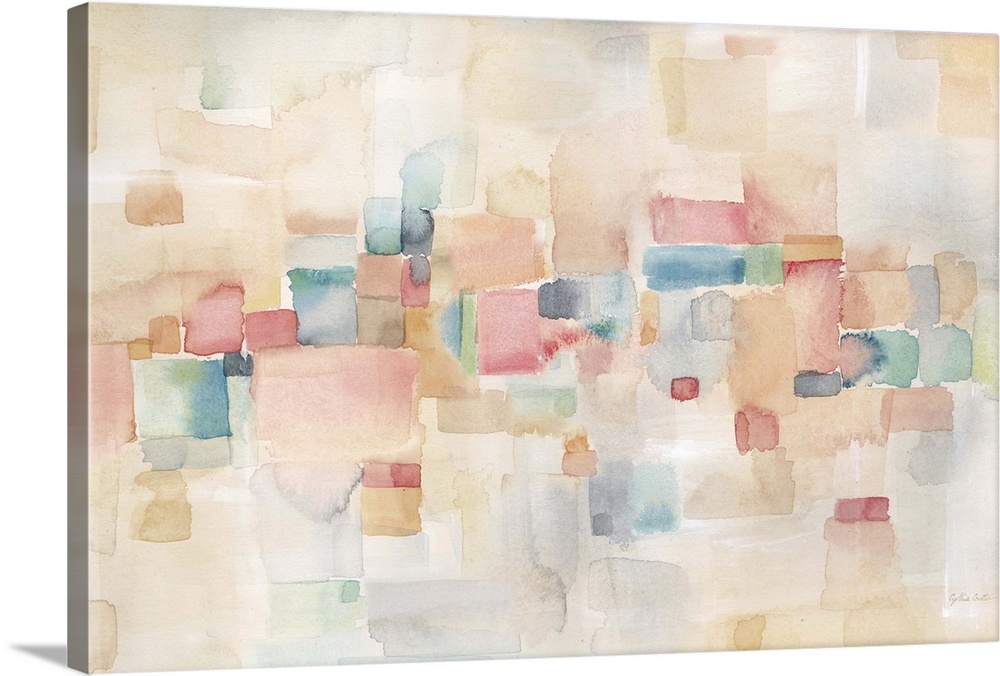 Horizontal abstract watercolor painting in blurred square shapes in muted tones of pink, blue and green.