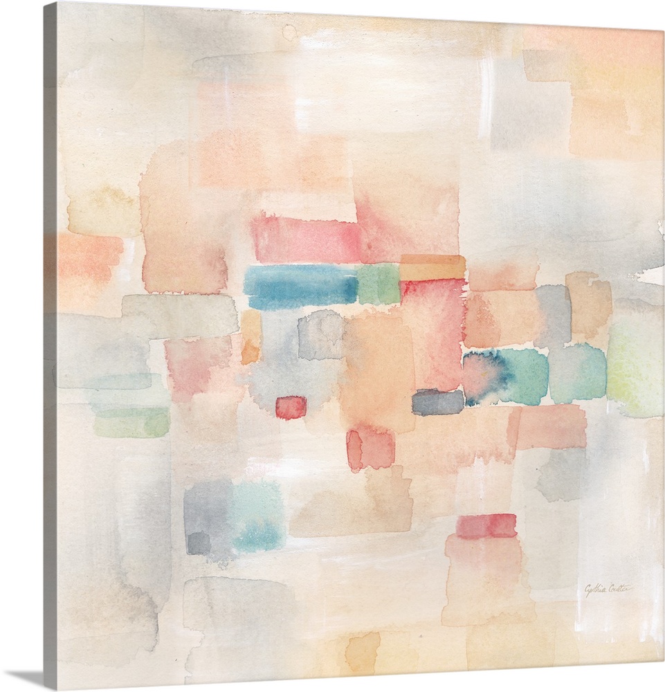Square abstract watercolor painting in of blurred square shapes in muted tones of pink, blue and green.