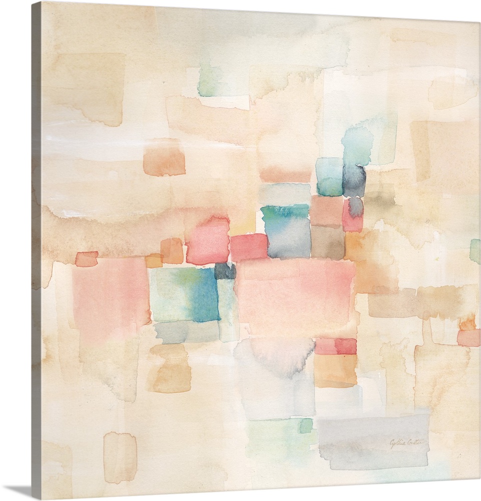 Square abstract watercolor painting in blurred square shapes in muted tones of pink, blue and green.