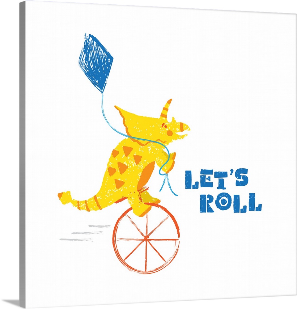 A darling illustration of a yellow dinosaur on an unicycle with a kite and "Let's Roll" on a white background.