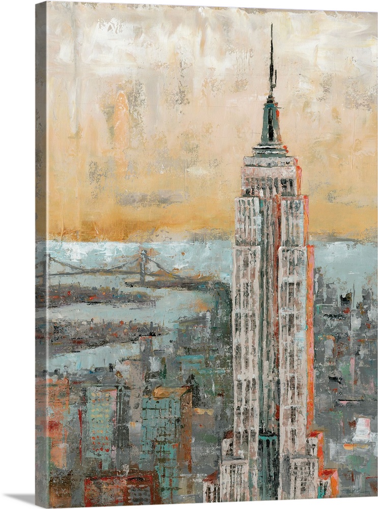 Contemporary painting of the Empire State Building in New York, in subdue tones, with a distressed appearance.