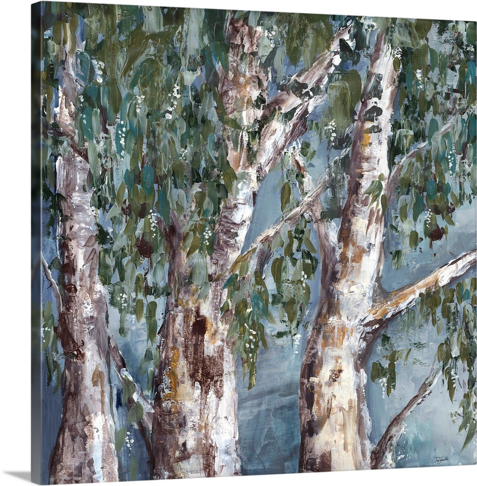 A square contemporary painting of a group of eucalyptus trees in textured muted tones.