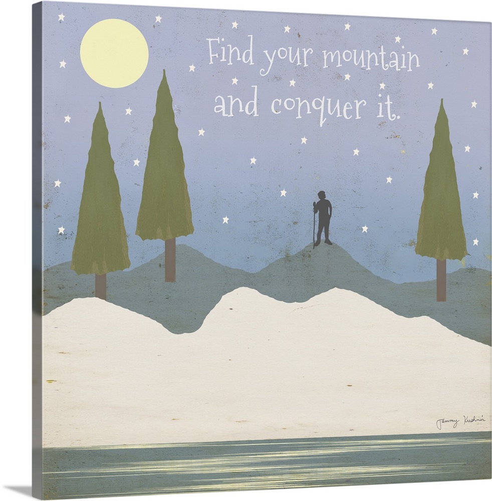 "Find your mountain and conquer it" with a hiker during night at a lake and wooded hills scene.