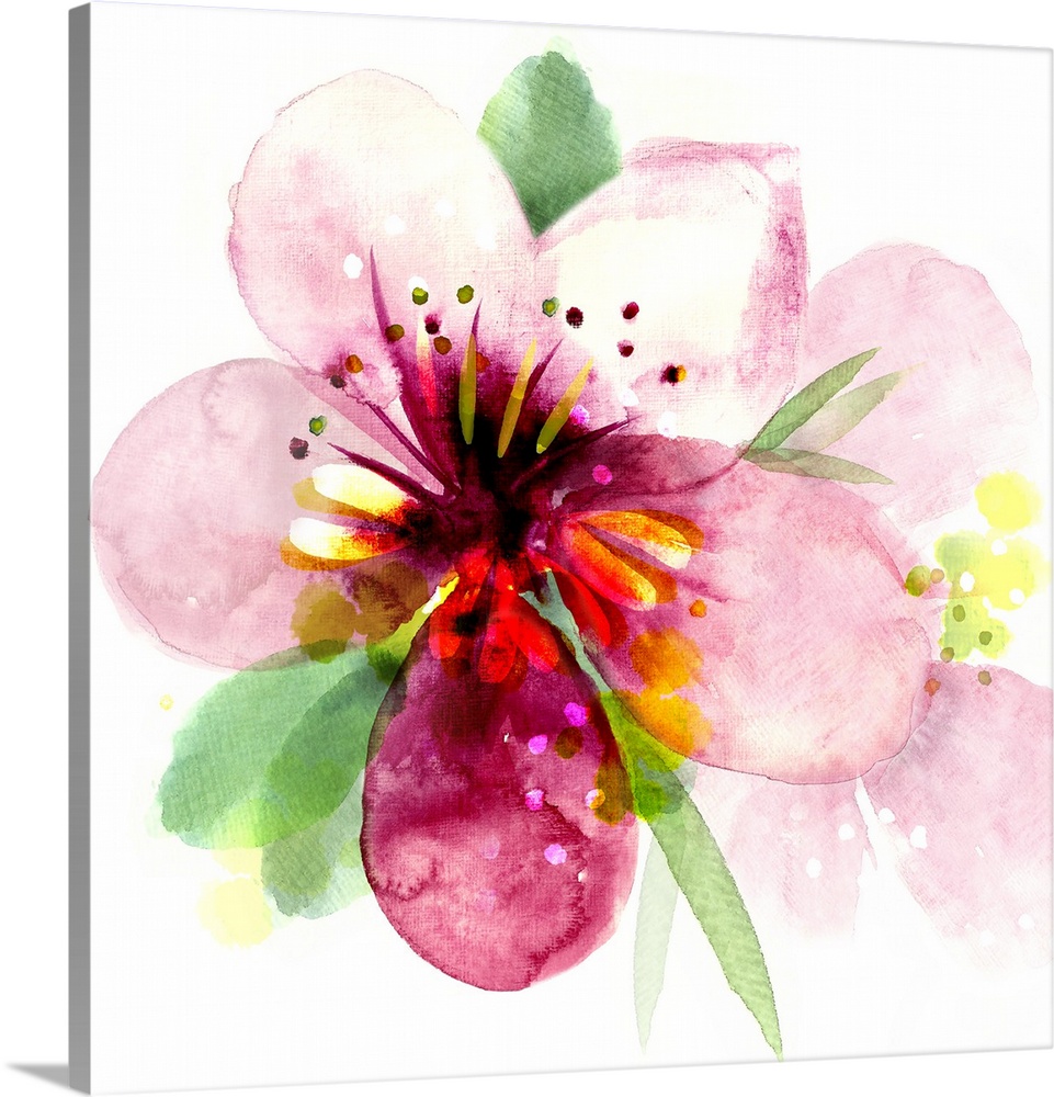 A vivid watercolor design of a pink flower with yellow accents.