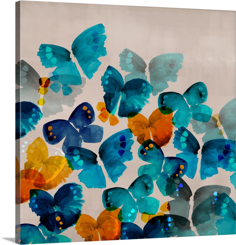 Contemporary painting of colorful blue, orange and yellow butterflies on a gray background.