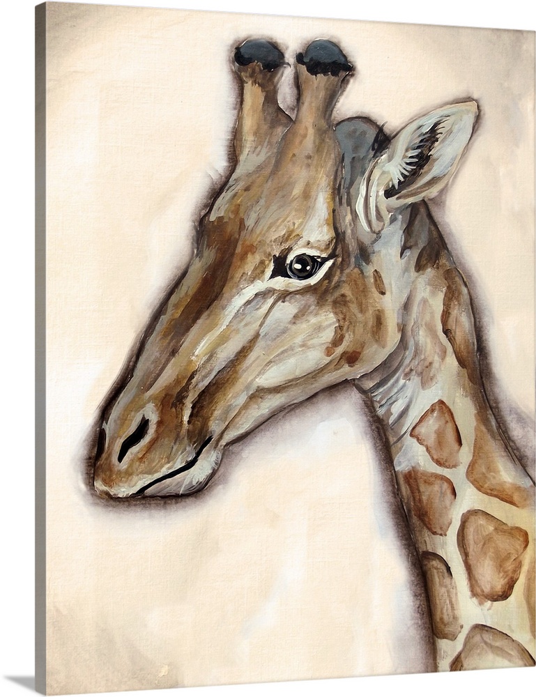 A profile portrait of a giraffe in shades of brown and gold.