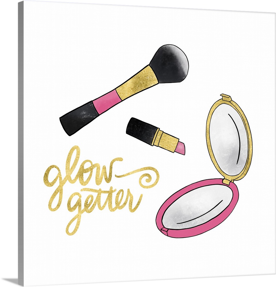 A feminine decorative design of makeup and "Glow Getter" in metallic gold.