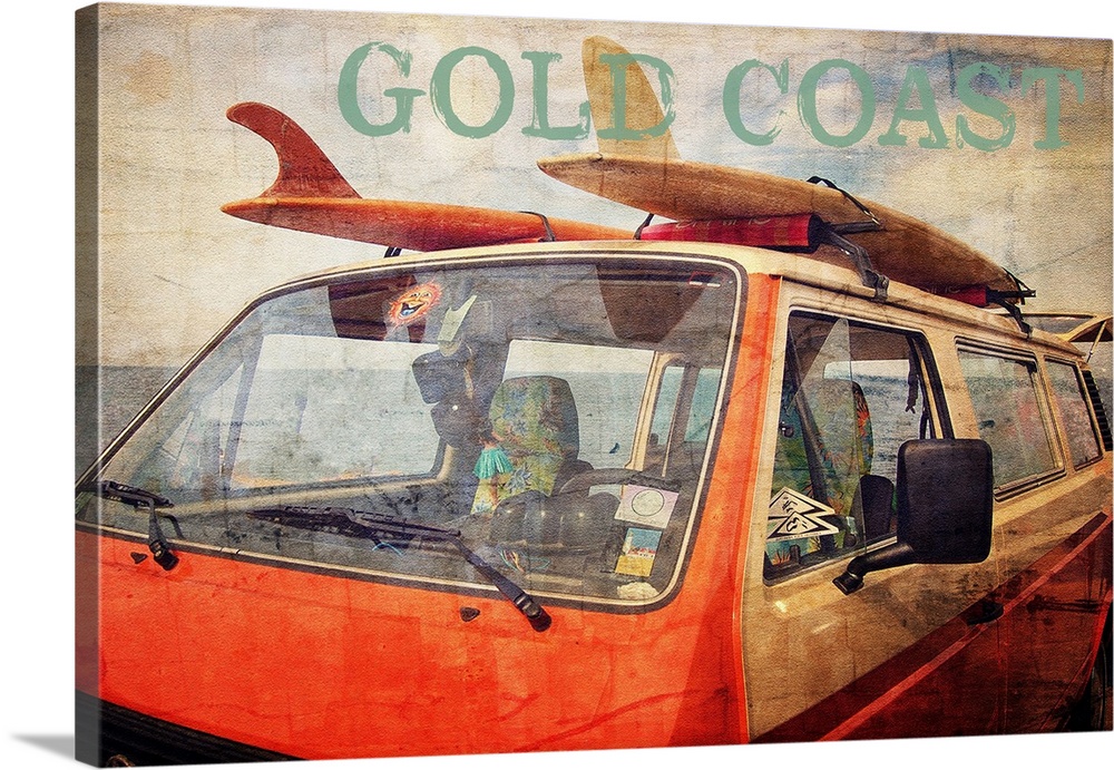 A vintage orange VW bus with surf boards on the roof and the text 'Gold Coast' above and a distressed overlay applied.