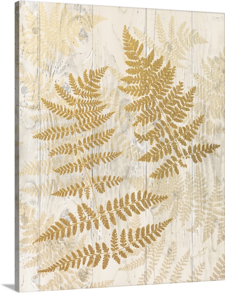 Decorative artwork of fern leaves with faded leaves on a wood plank background.