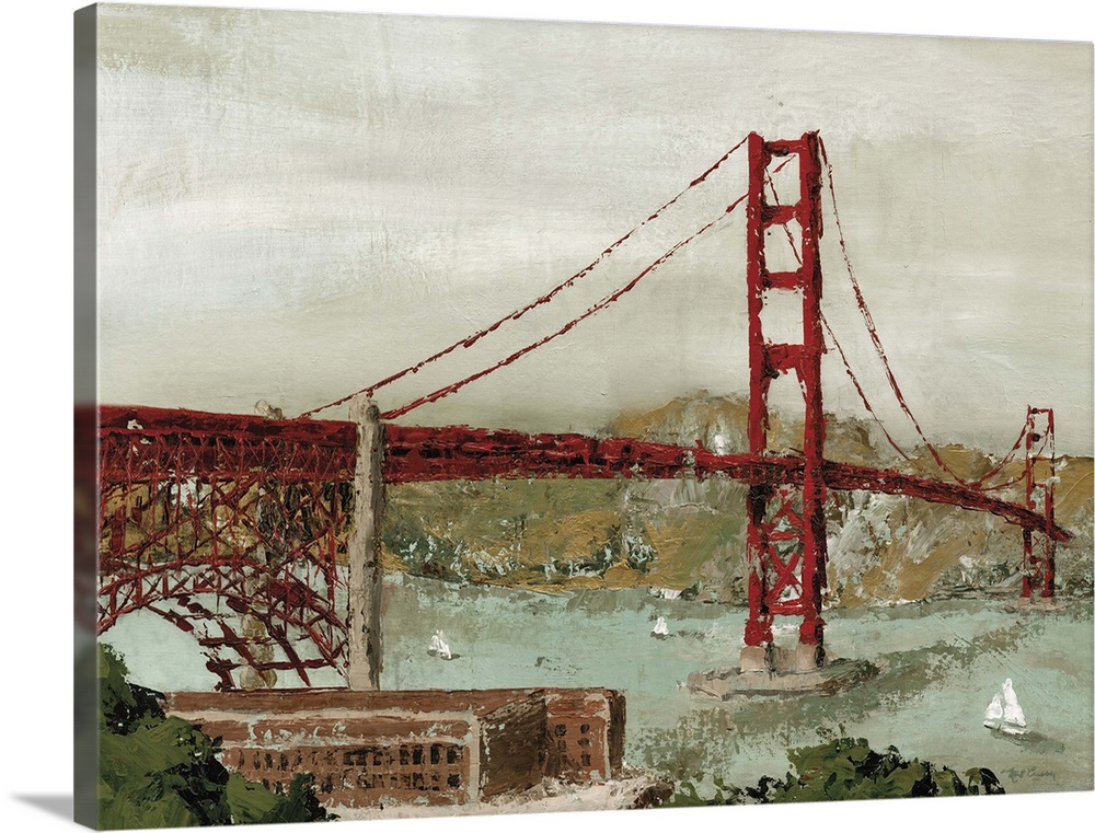 Contemporary painting of the Golden Gate Bridge in textured, subdue tones.