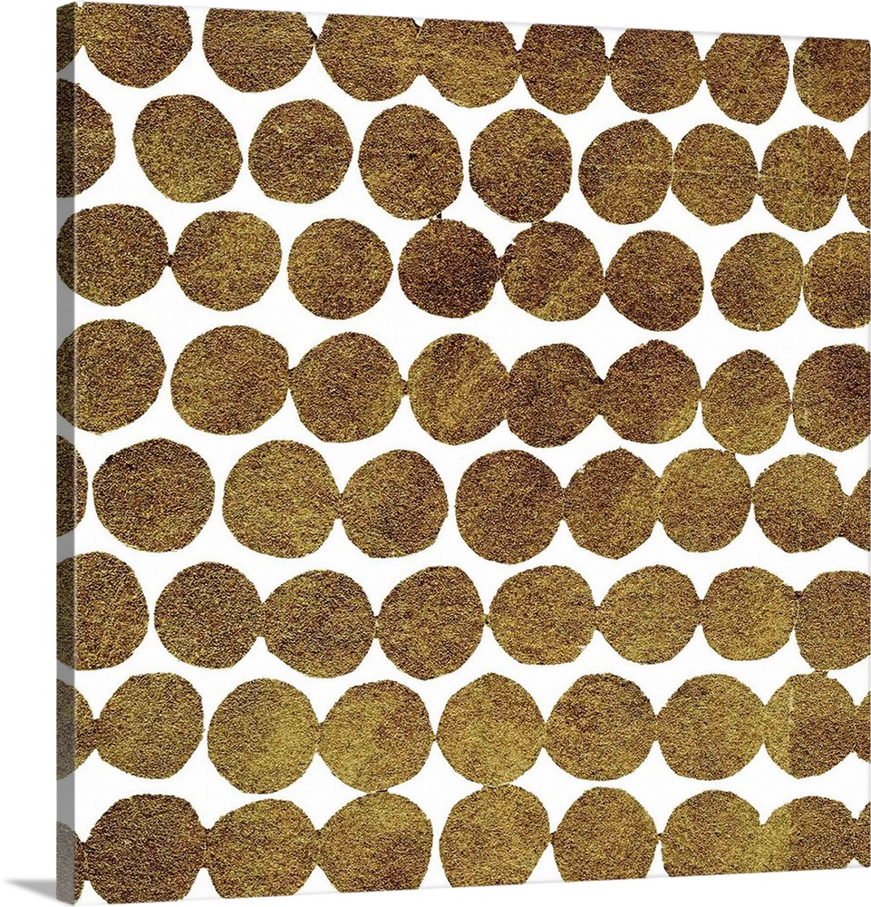 Square decorative artwork of dark gold circles in rows on a white background.
