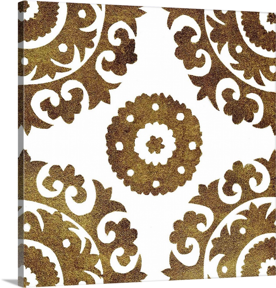 Square decorative artwork of dark gold medallions in rows on a white background.