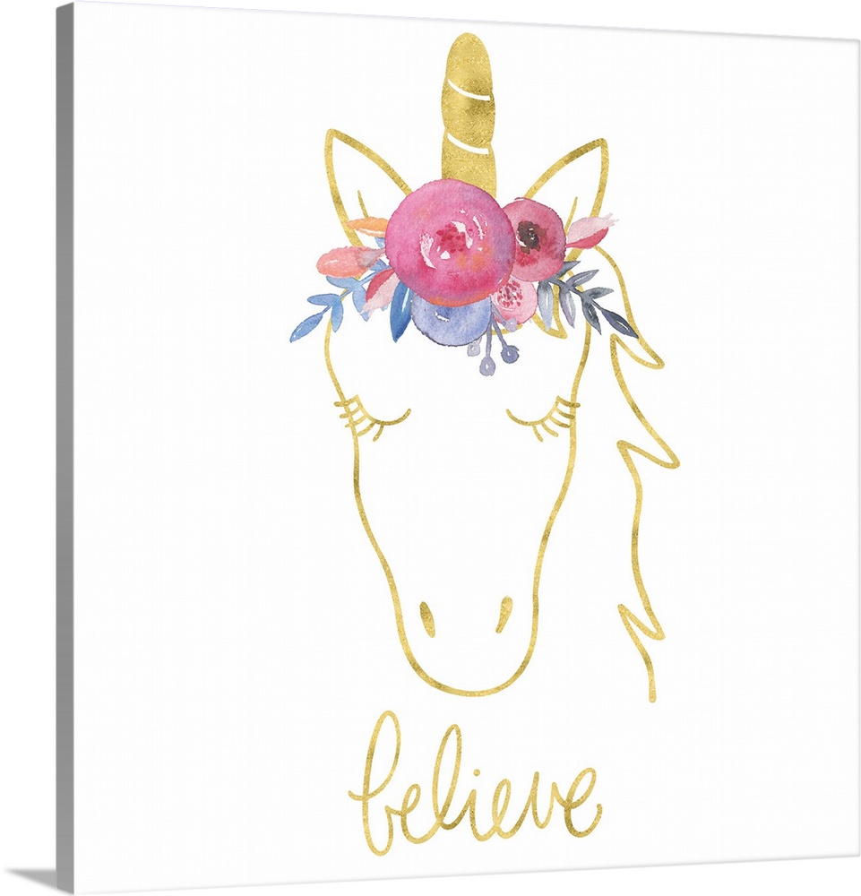 "Believe" with a drawing of an unicorn in gold with colorful flowers on top of it's head.