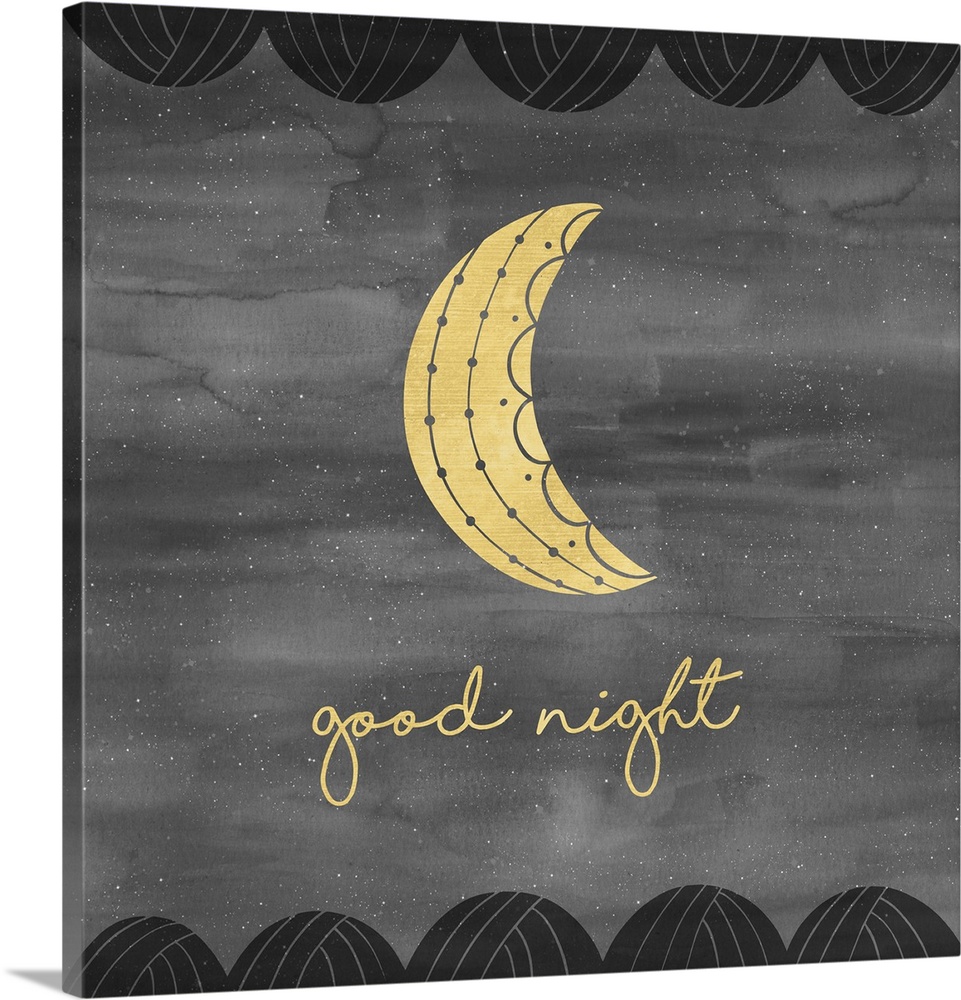 "Good Night" and a crescent moon in gold on a gray background with white specks, bordered with black curved shapes.