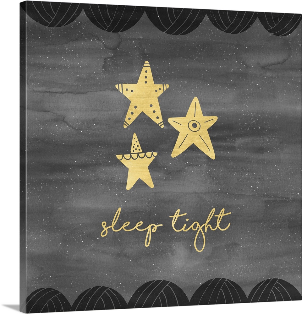 "Sleep tight" and stars in gold on a gray background with white specks, bordered with black curved shapes.