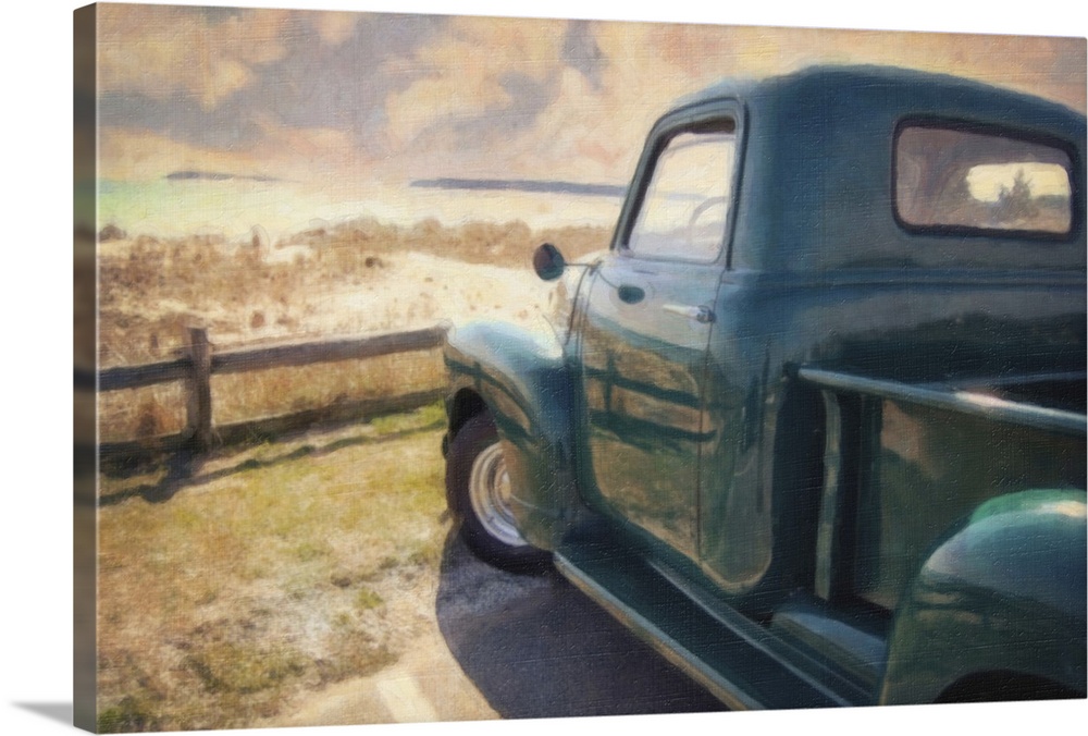 A parked green vintage truck, overlooking a seascape scene with a textured overlay.