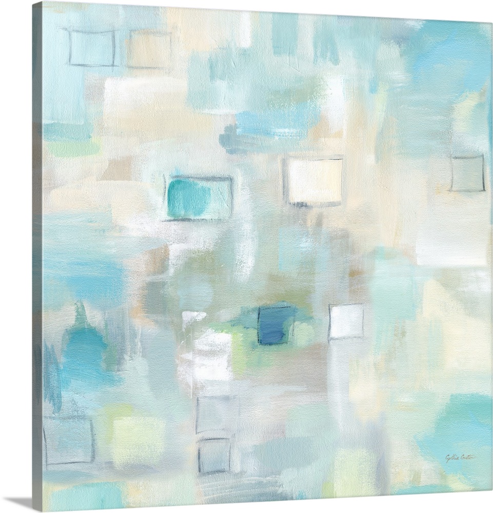 Square abstract watercolor painting in blurred square shapes in muted tones of brown, blue and green.