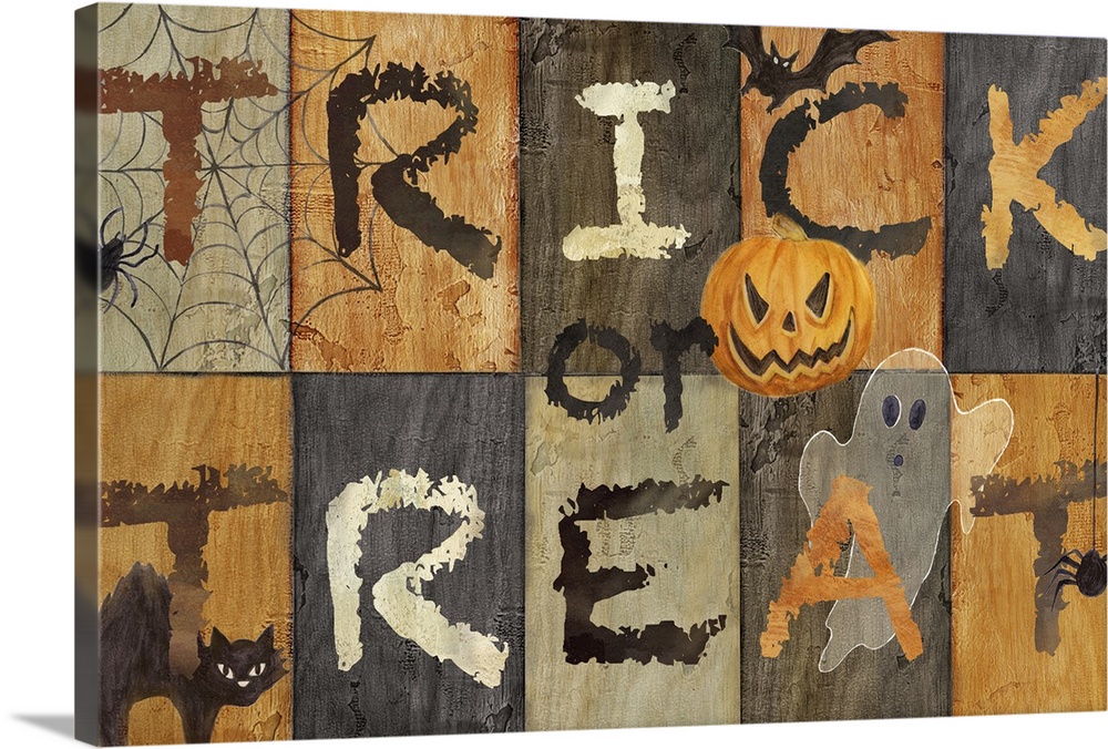 A decorative Halloween design of spooky objects like a ghost, bat and spider with the text "Trick or Treat" on a black, gr...