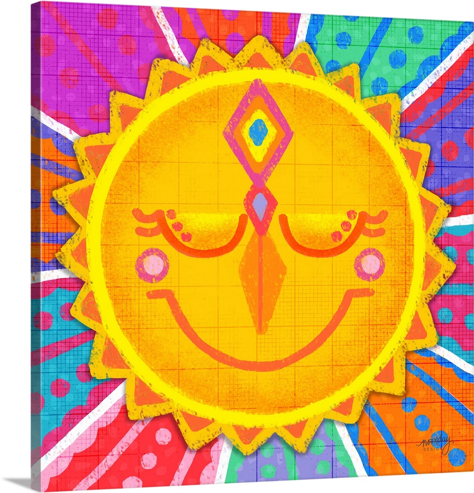 A bright design of a smiling sun with beams of patterned colors.