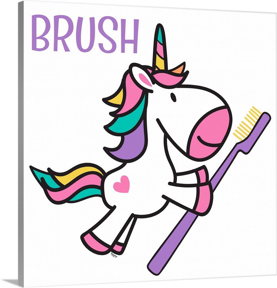 Adorable decorative illustration of a white unicorn with rainbow hair holding a tooth brush.