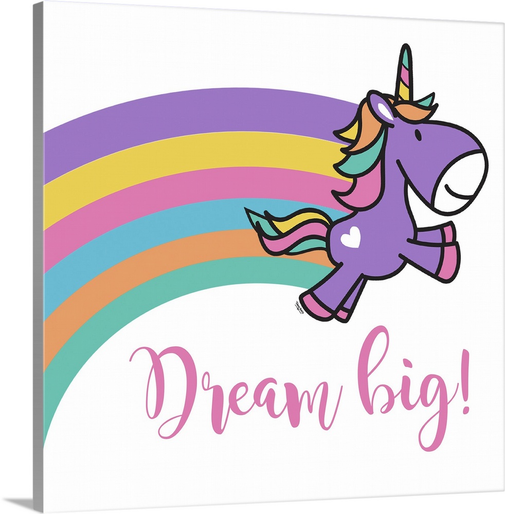 Adorable decorative illustration of a purple unicorn with a rainbow trailing behind it and "Dream big!"