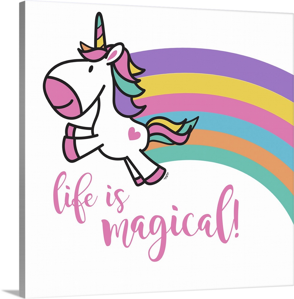 Adorable decorative illustration of a purple unicorn with a rainbow trailing behind it and "Life is magical!"