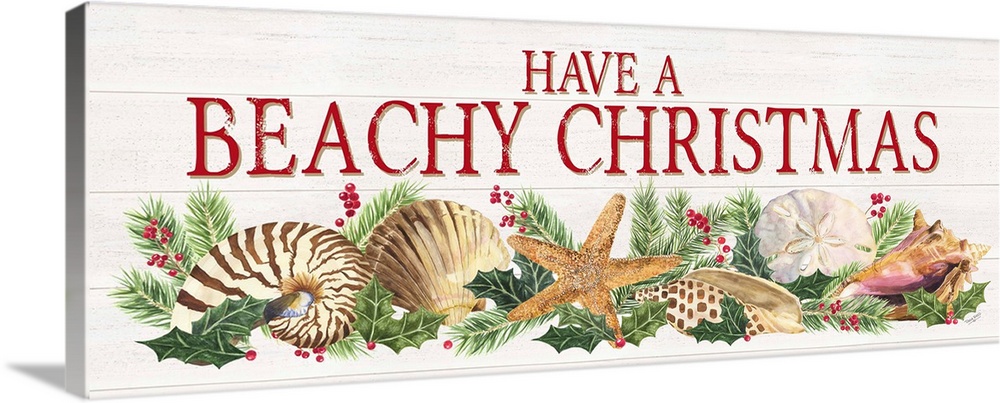 "Have A Beachy Christmas" in red with seashells with holly on a white wood panel backdrop.