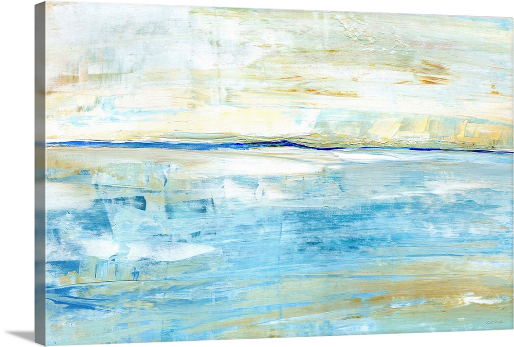Horizontal abstract painting of a seascape horizon in shades of blue and beige.