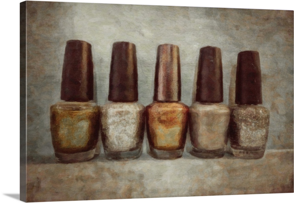 Contemporary painting of a row of metallic colored nail polish bottles on a neutral backdrop.