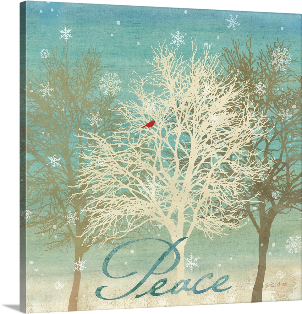 "Peace" in blue on a group of bare trees with a red bird as snowflakes fall.