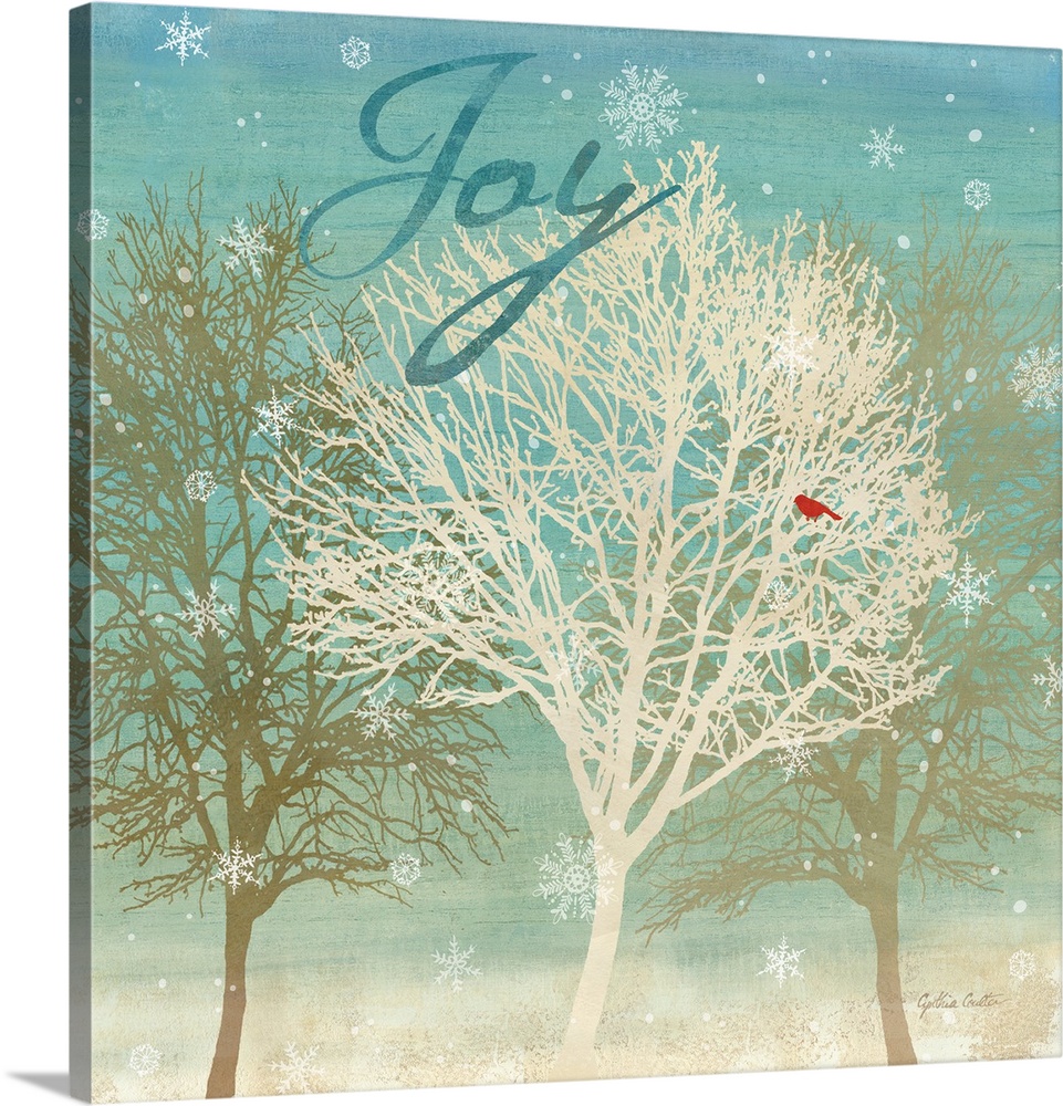 "Joy" in blue on a group of bare trees with a red bird as snowflakes fall.