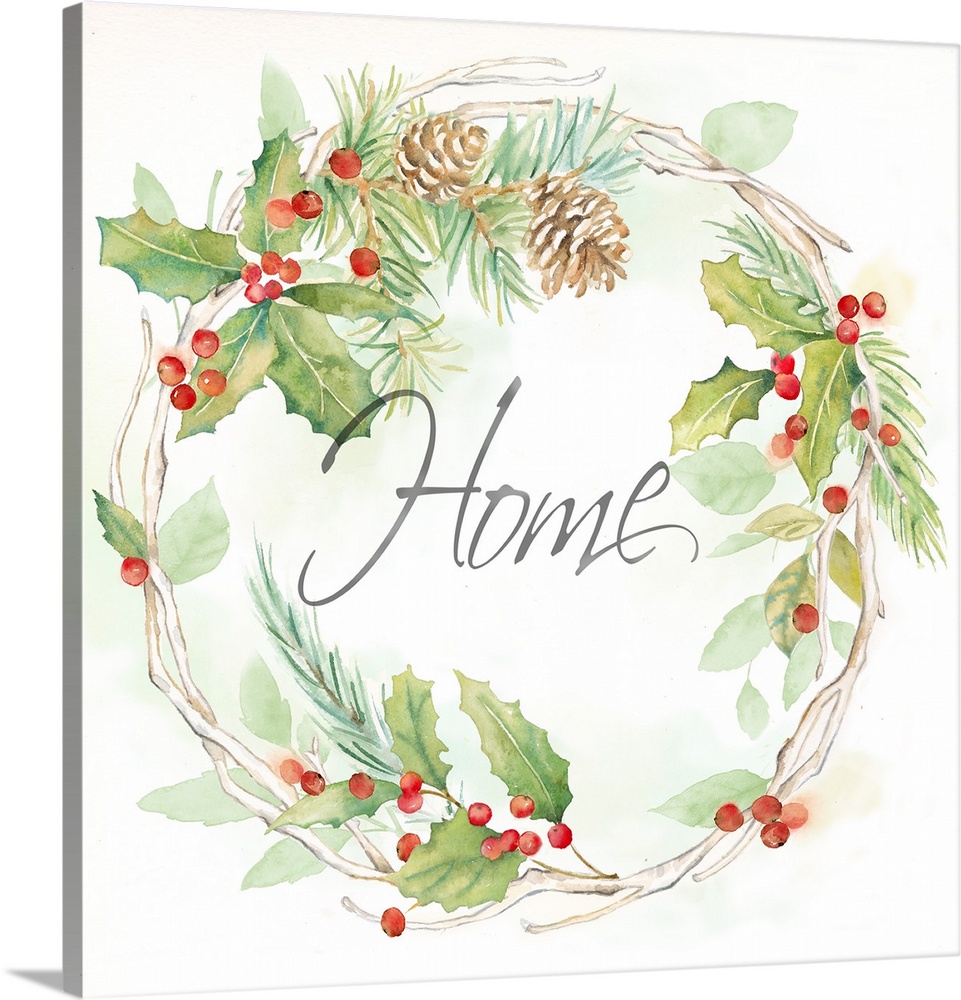 "Home" in the center of a holiday wreath of pine and holly.