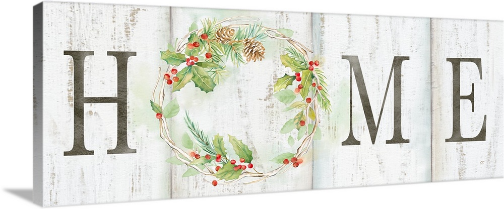 "Home" with a holiday wreath of pine and holly on a white wood background.
