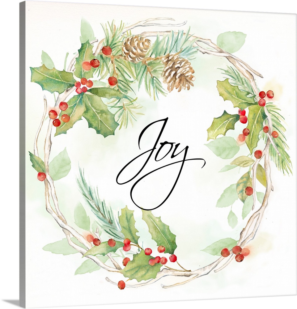 "Joy" in the center of a holiday wreath of pine and holly.