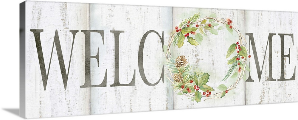 "Welcome" with a holiday wreath of pine and holly on a white wood background.