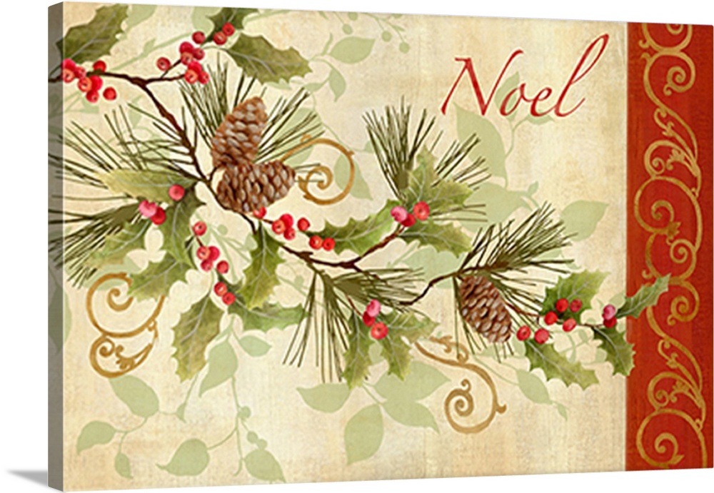 A traditional holiday design of pine cones and holly on a branch with a red floral border and the text 'Noel' in red.