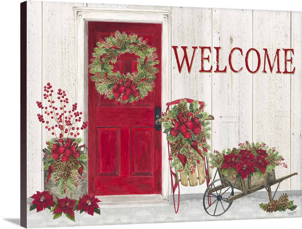 "Welcome" in red with a decorated door with a white wood panel wall.