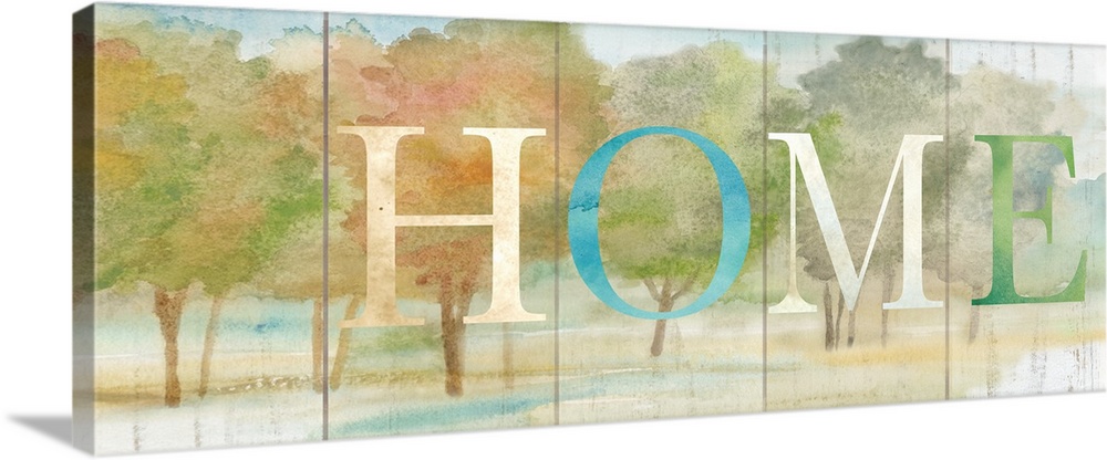 "Home" in blue, white and green over a watercolor image of fall colored trees with a wood plank appearance.