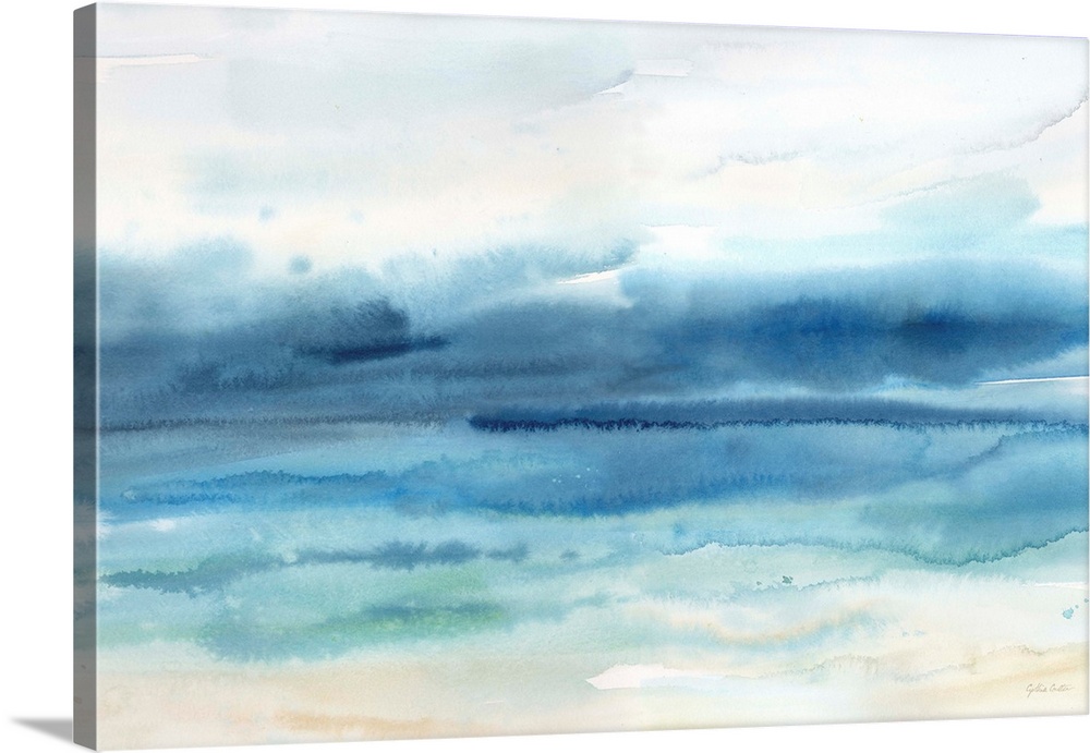 A watercolor painting of an abstract seascape in muted tones of blue.