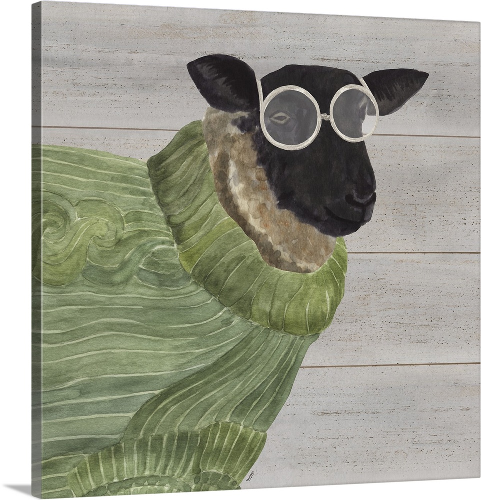 A sheep wearing a green sweater and glasses against of grey wood background.