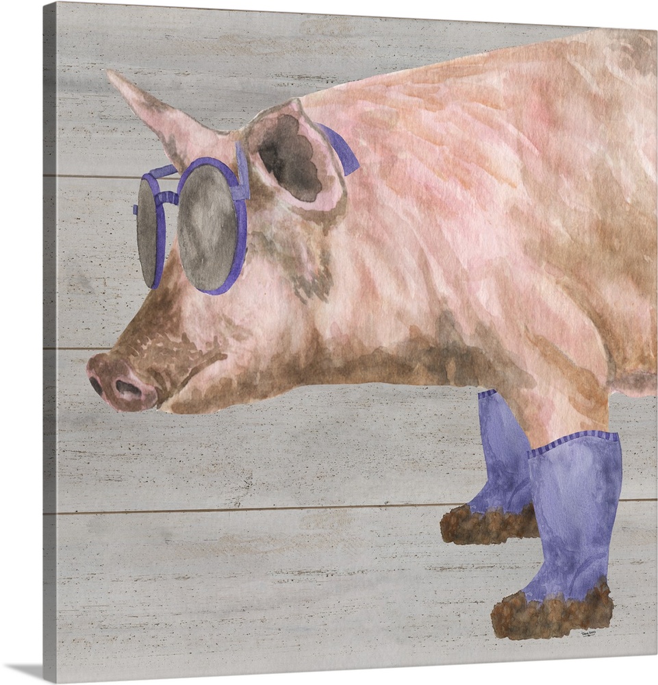 A pig wearing glasses and purple boots against of grey wood background.