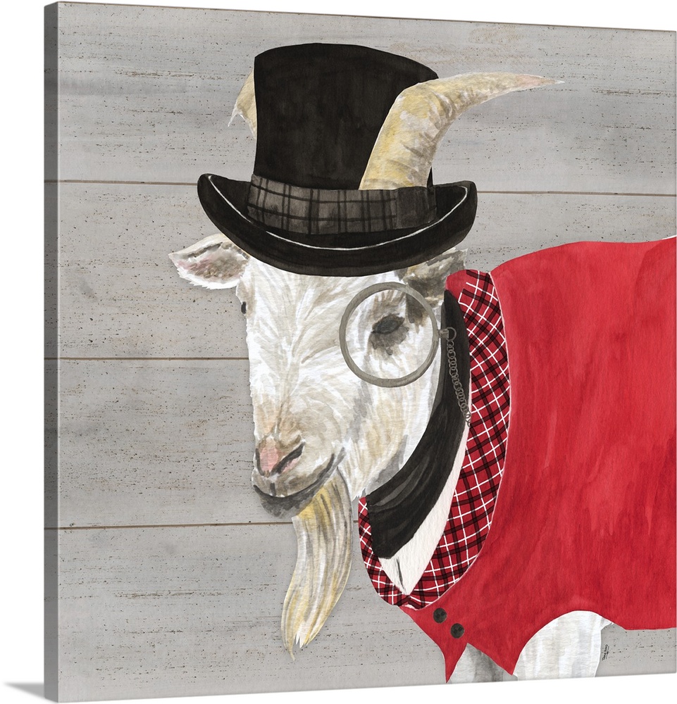 A white goat wearing a red vest, top hat and monacle against of grey wood background.