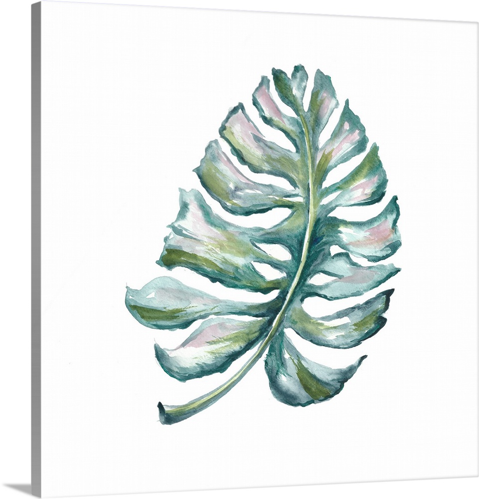 A watercolor painting of a tropical palm leaf on a white background.